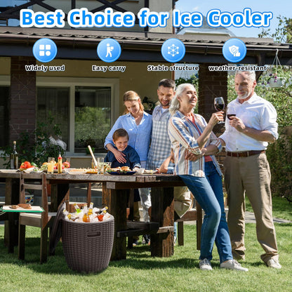 Outdoor Ice Cooler Side Table, 9.5 Gallon Beer and Wine Cooler for Patio Party, Portable Bar Table Rattan Pattern Round Portable Ice Chest, Patio Furniture & Beverage