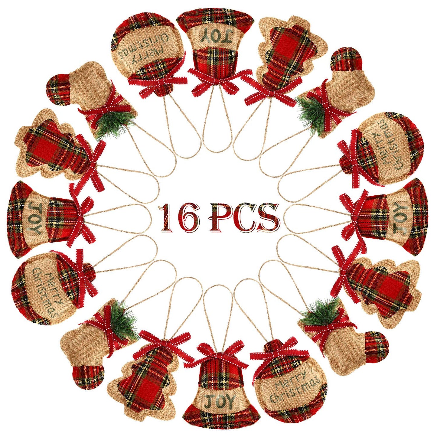 WILLBOND 16 Pcs Rustic Burlap Christmas Tree Ornaments Bulk Farmhouse Country Christmas Decorations Red Buffalo Plaid Stocking Hanging Ornaments for Xmas Holiday Family Office Party Gifts Decor