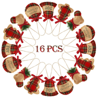 WILLBOND 16 Pcs Rustic Burlap Christmas Tree Ornaments Bulk Farmhouse Country Christmas Decorations Red Buffalo Plaid Stocking Hanging Ornaments for Xmas Holiday Family Office Party Gifts Decor