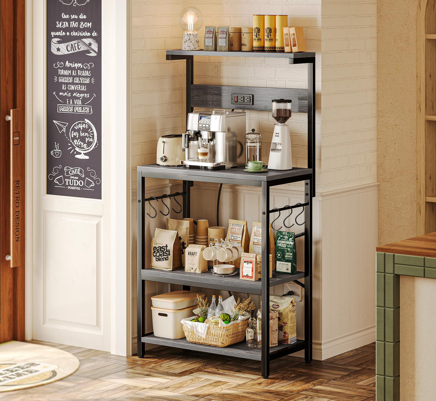 SUPERJARE Kitchen Bakers Rack with Power Outlet, Coffee Bar Table 4 Tiers, Kitchen Microwave Stand with 6 S-shaped Hooks, Storage Shelf Rack for Spices, Pots and Pans - Rustic Brown