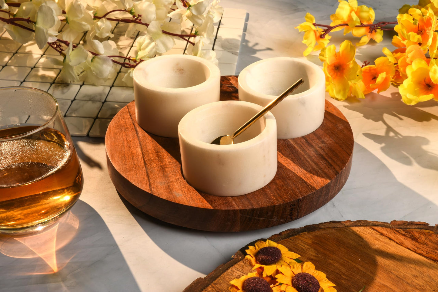 Cruiser’s Caché 3 Piece White Marble Salt and Spice Cellar or Dipping Bowls with Wood Tray and Gold Spoons