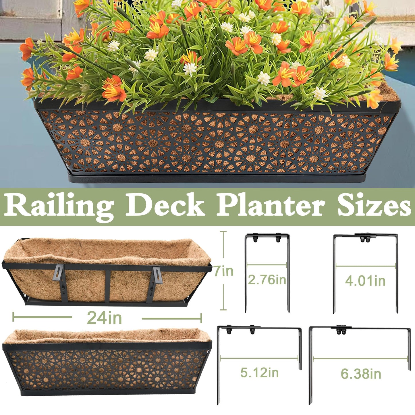 ZVOWOS Black Metal Railing Planter Window Box (2 Pack, 24 Inch) Horse Trough Planter with Coco Fiber Liner Deck Balcony Rail Planters for Porch Fence Patio Outdoor Garden Décor