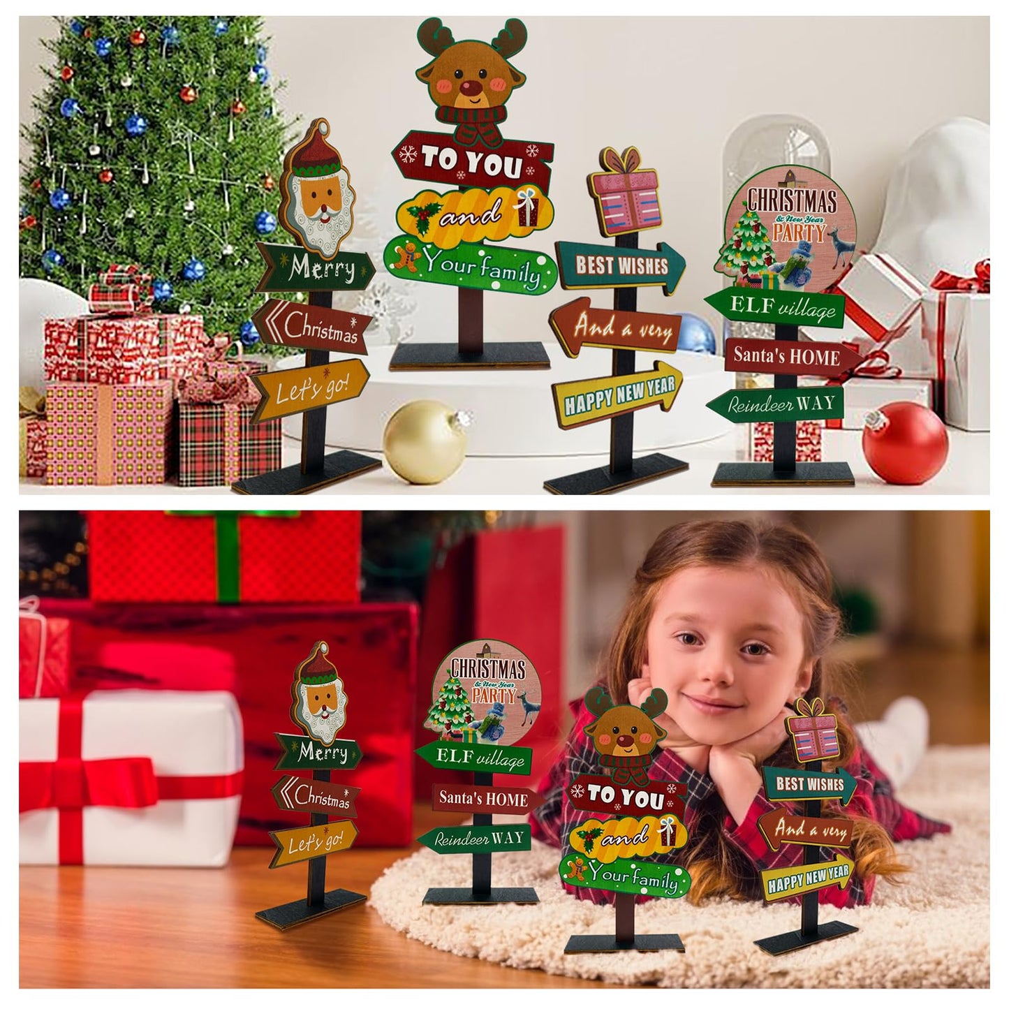 YvSuZeBuDa Christmas Table Decorations, 4 Piece Wooden Rectangular Sign Boards, Rustic Farmhouse Style, Polychrome, 8.86 x 4.72 Inches, Wall Mount with Twine, Cozy Theme