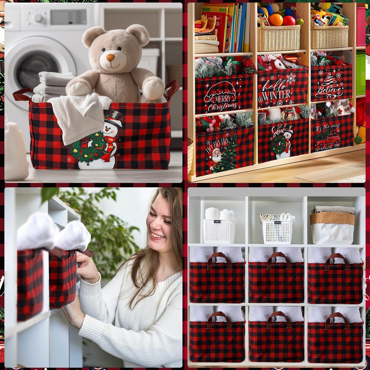 CHENGU 6 Pack Christmas Storage Basket Collapsible Christmas Basket for Gifts Buffalo Plaid Holiday Decor Large Snowman Bin Foldable Xmas Tree Box with Handle for Bedroom Office Home