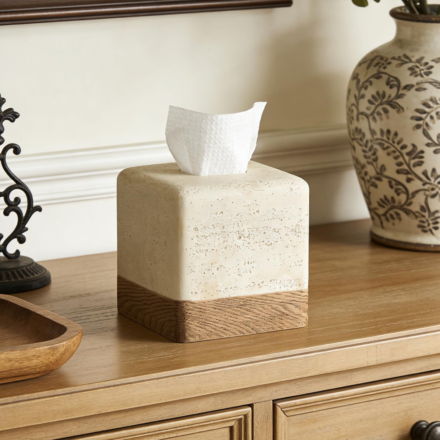 Natural Travertine Match Wooden Square Tissue Box Cover Decorative,Resin Heavy Sturdy Tissue Box Holder, Facial Paper Holder for Bathroom Vanity Countertop, Bedroom Night Stand,Office and End Table