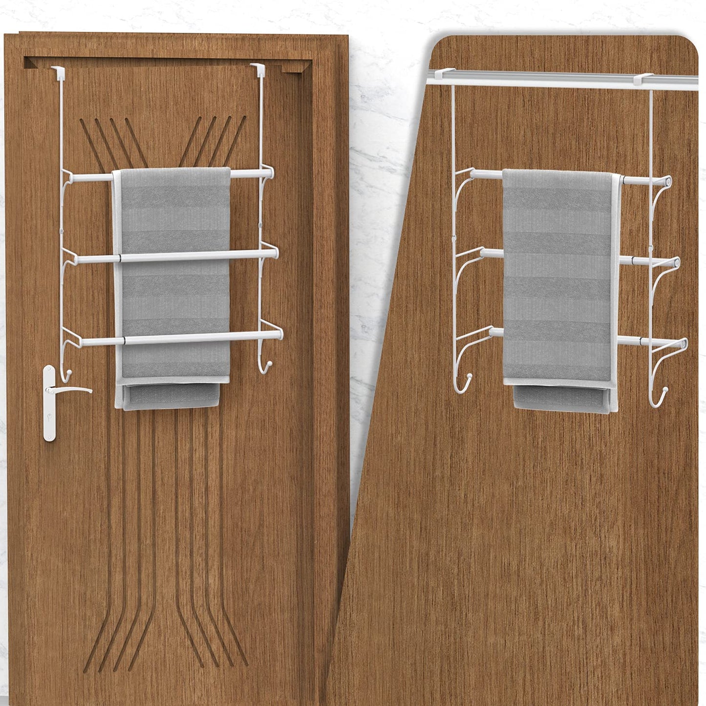 AULEDIO Adjustable Over The Door Triple Towel Rack with Hooks,White