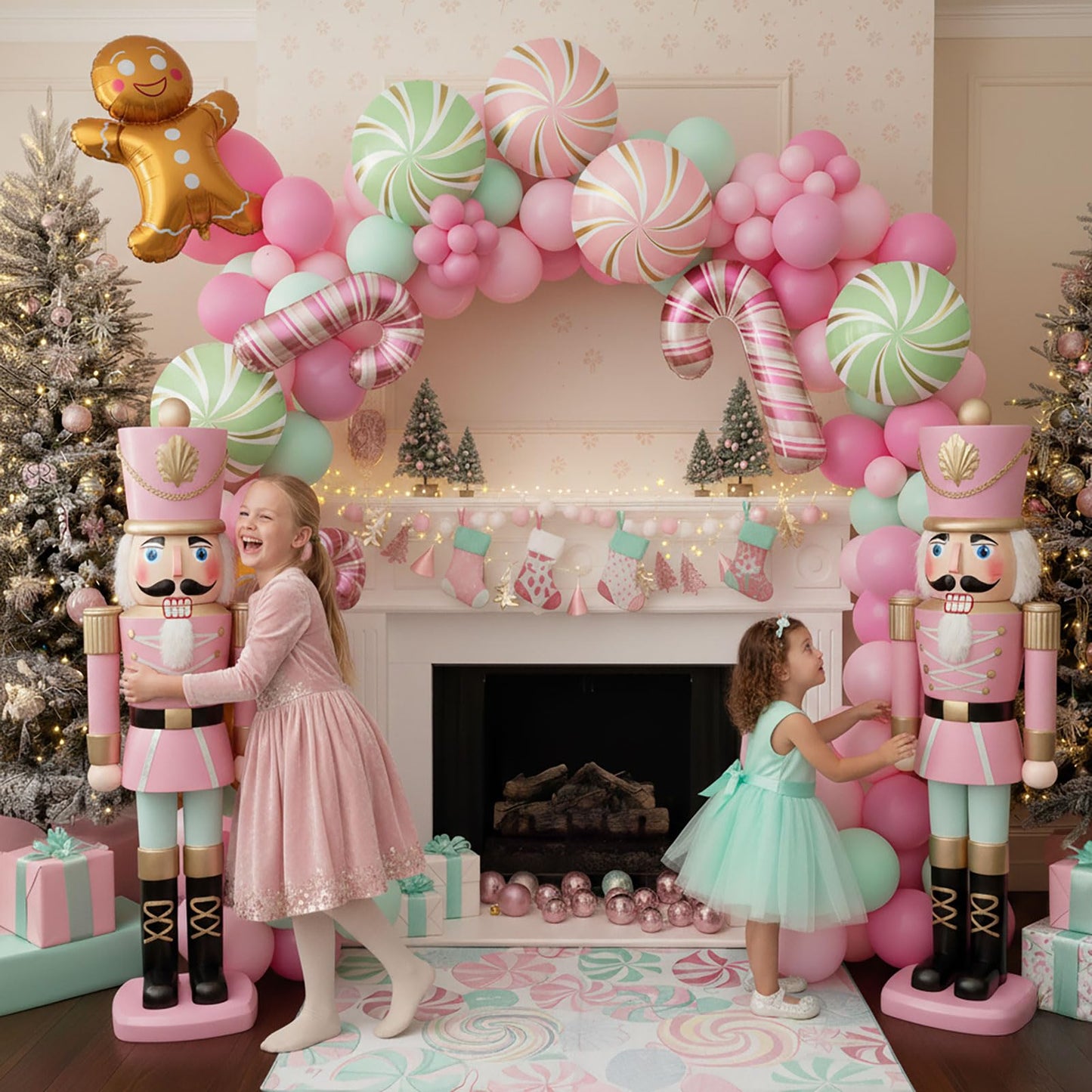 Christmas Balloon Garland Arch kit light magenta green pink balloon with Gingerbread Balloon Cane Candy Foil Balloons for Christmas Party Decorations Xmas New Year Birthday Party Supplies