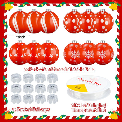 12PCS Inflatable Christmas Balls 12inch Large Outdoor Christmas Inflatable Balls Red White PVC Xmas Hanging Ornaments Decor for Xmas Holiday Lawn Yard Front Door Decorations