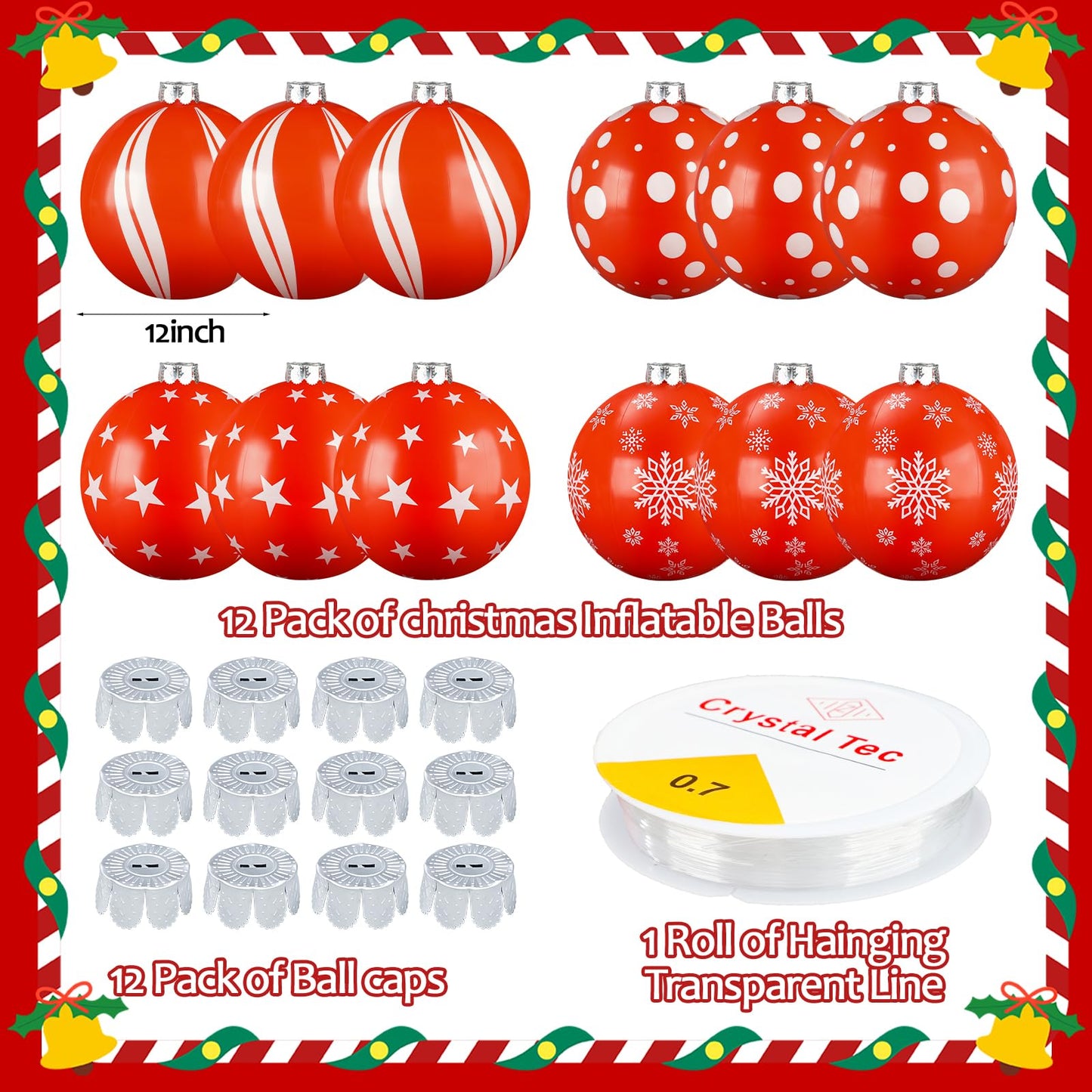 12PCS Inflatable Christmas Balls 12inch Large Outdoor Christmas Inflatable Balls Red White PVC Xmas Hanging Ornaments Decor for Xmas Holiday Lawn Yard Front Door Decorations