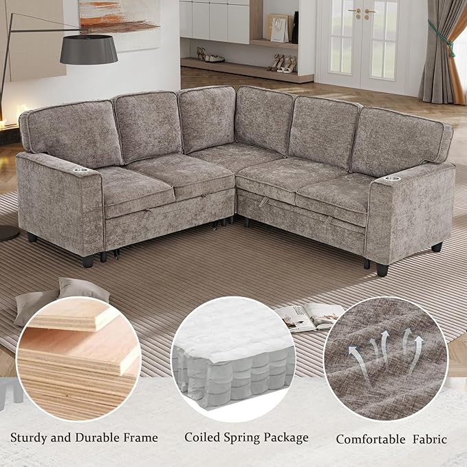 L-Shaped Sectional Couch with Storage and Pull Out Bed, Convertible Sofa Bed
