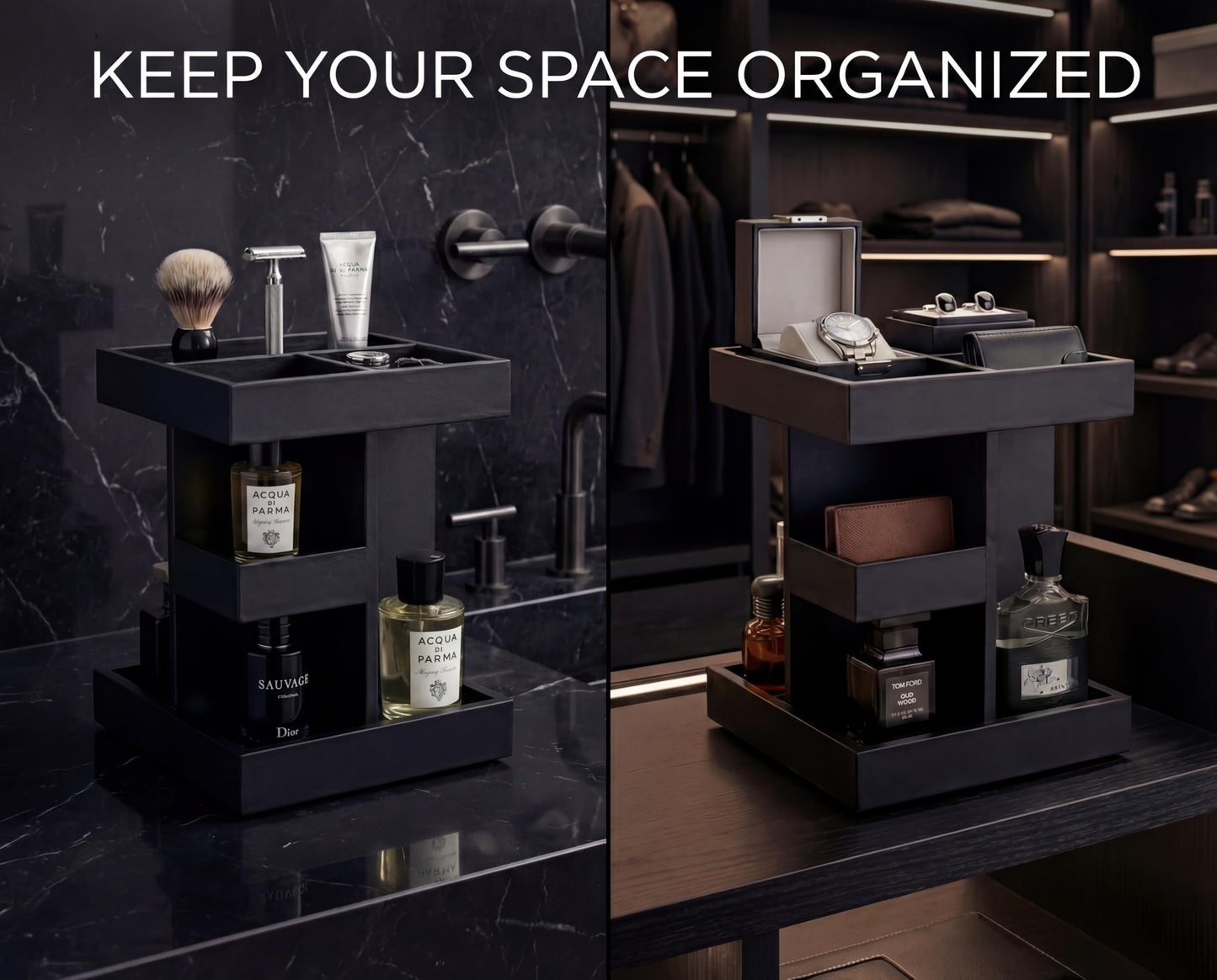 Aurenzo Cologne Organizer for Men, 3 Tier Black Wood Perfume Display Stand with 360° Rotate Base, Mens Cologne and Jewelry Organizer Shelf for Bathroom Countertop Storage & Nightstand, Gift for Men