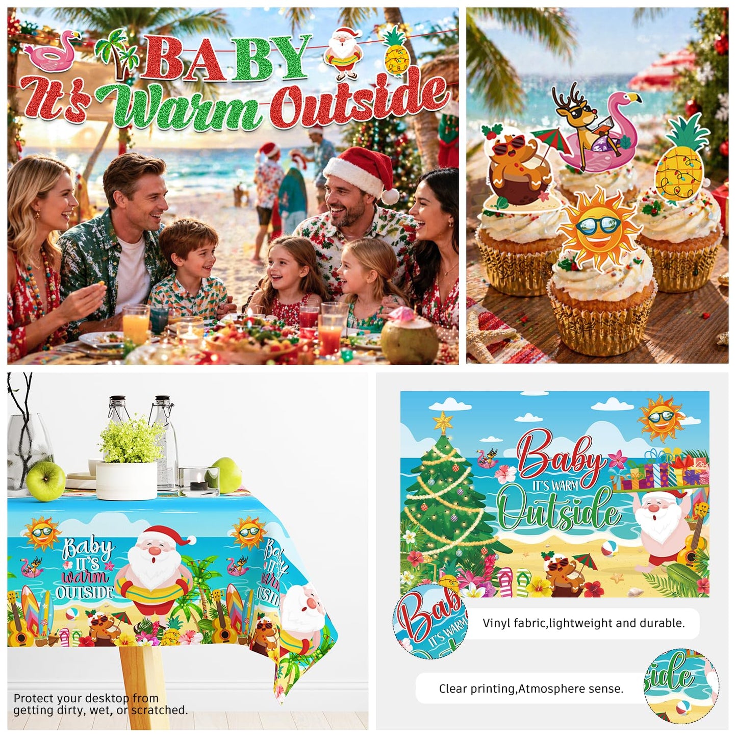Christmas in July Decorations, Baby It's Warm Outside Party Decor - 196PCS All-in-One Set, Serves 25, Tableware Kit with Banner, Backdrop, Tablecloth, Balloons & Cupcake Toppers