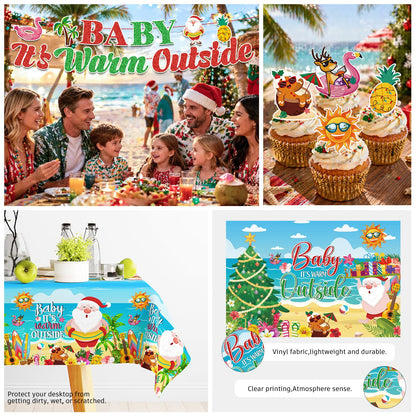 Christmas in July Decorations, Baby It's Warm Outside Party Decor - 196PCS All-in-One Set, Serves 25, Tableware Kit with Banner, Backdrop, Tablecloth, Balloons & Cupcake Toppers