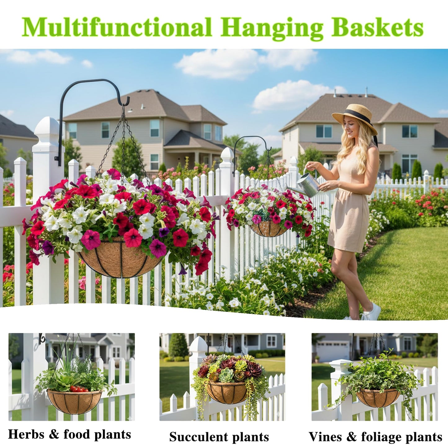 EIMQUVW Metal Hanging Planters Basket Set of 4 Hanging Flower Pots 10 Inch Chain Round Wire Plant Holder with Coco Coir Liner Garden Watering Hanging Baskets for Patio Garden Outdoor1