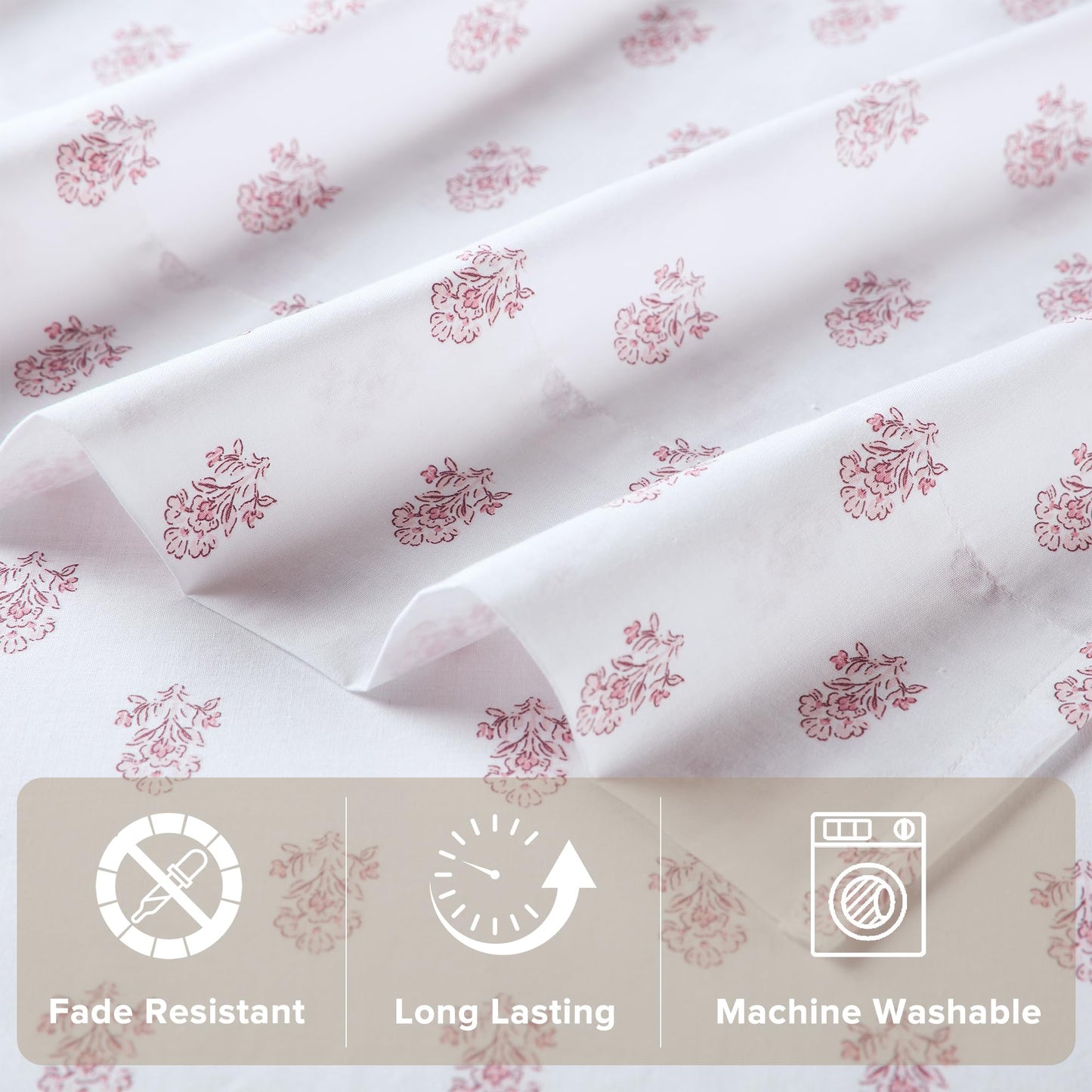 Comfort Spaces 100% Cotton Sheets Full, Breathable, Naturally Cool Cotton Sheets, Soft Cotton Bed Sheets with 14" Elastic Pocket Fits up to 16" Mattress, All Seasons Sheet Set, Floral Pink 4 Piece