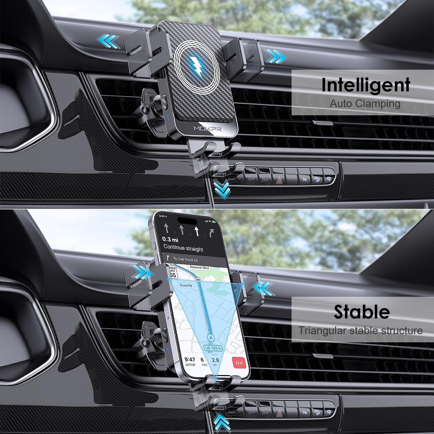 MOKPR Car Phone Holder Wireless Charger, 15W Wireless Car Charger, Auto-Clamping Car Phone Holder Charger Air Vent Mount Compatible for iPhone 15/14/13/12/11/X/8, Samsung S22/S21/S20, etc