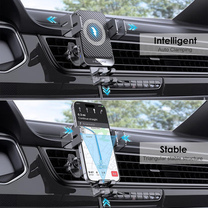 MOKPR Car Phone Holder Wireless Charger, 15W Wireless Car Charger, Auto-Clamping Car Phone Holder Charger Air Vent Mount Compatible for iPhone 15/14/13/12/11/X/8, Samsung S22/S21/S20, etc