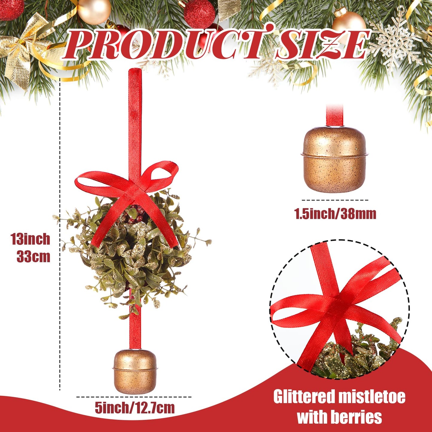 Knitgrip Valentine's Day Mistletoe Glitter Kissing Ball with Jingle Bell Ornament with Bow and Berries Artificial Hanging Mistletoe Decoration for Doorway Ceiling Light Decor(Red,Satin Ribbon)
