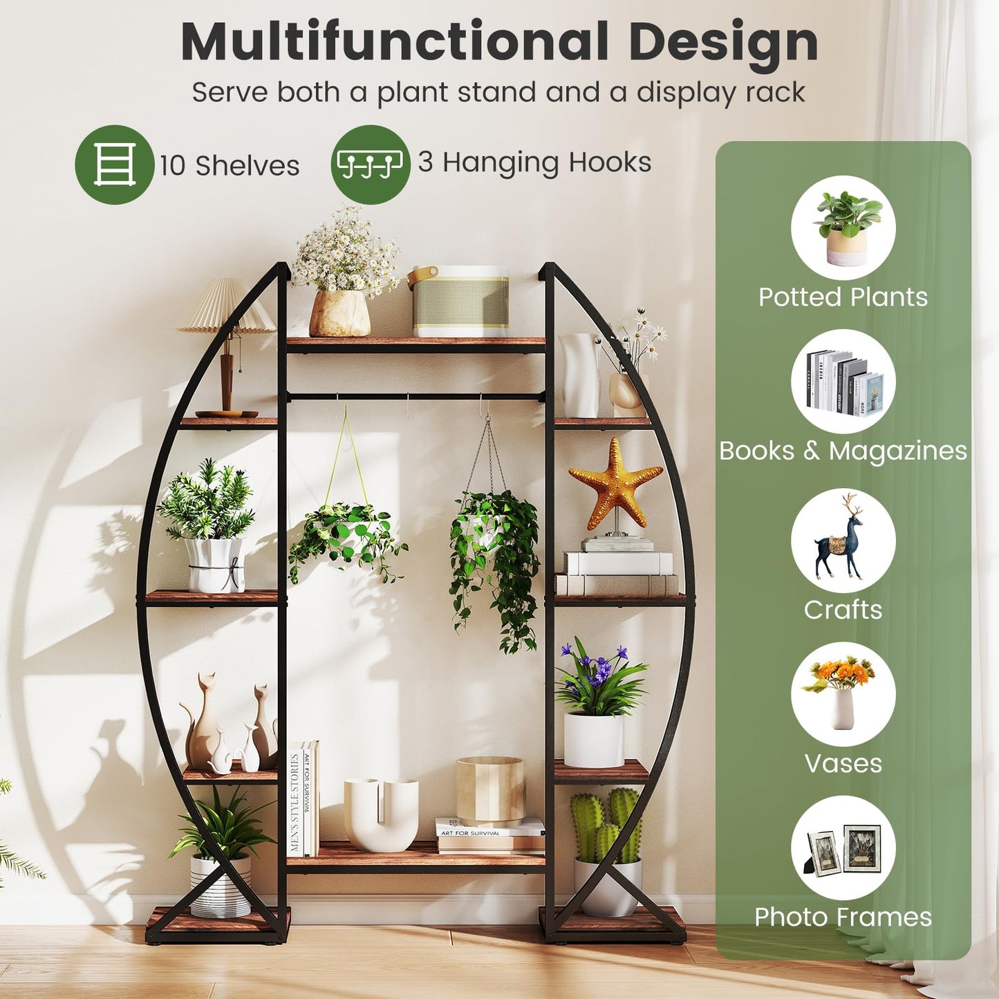 Giantex Plant Stand Indoor with Grow Lights, 10-Tier 63" Tall Metal Plant Shelf for Multiple Plants, Decorative Curved Large Flower Stand Display Pot Rack for Living Room, Home, Balcony, Patio