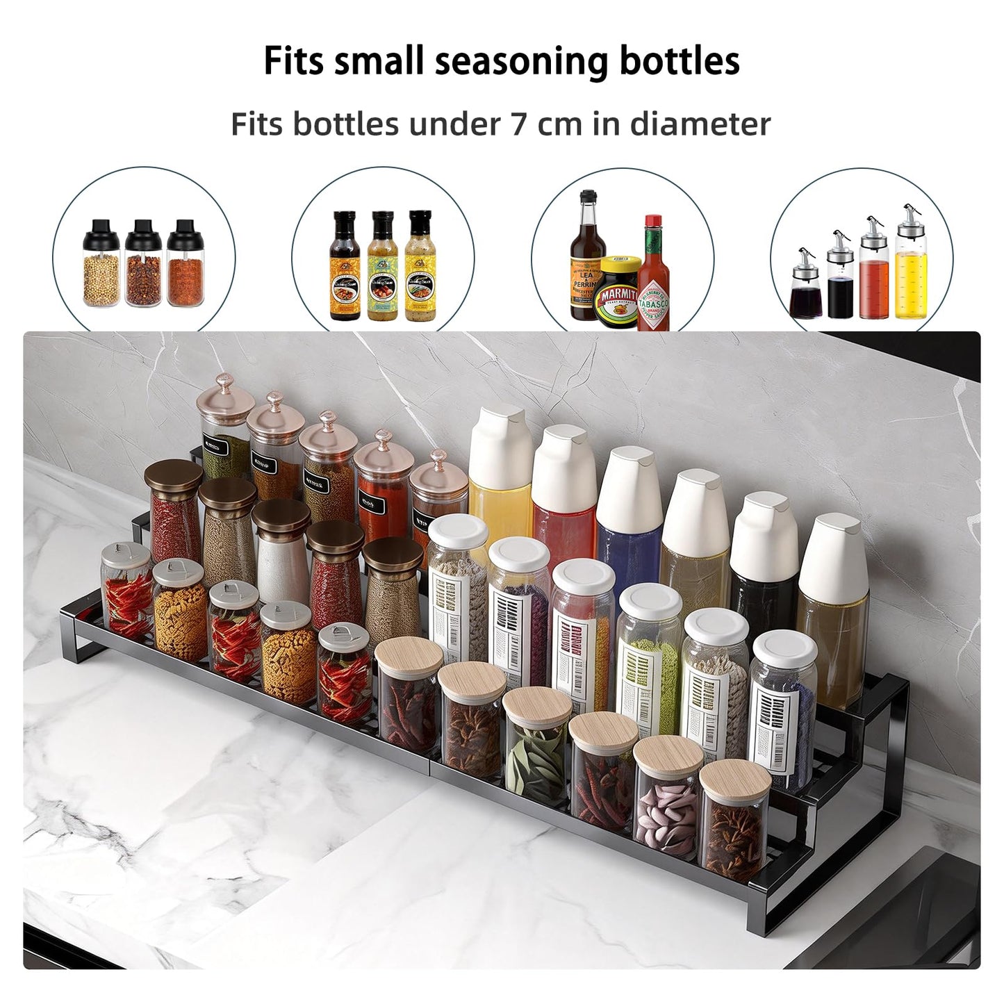 3 Tier Expandable Spice Rack Organizer, Heavy-Duty Black Metal Seasoning Organization Shelf for Cabinet, Kitchen & Pantry, Tiered Spice Shelf With Safety Lock, For Jars & Bottles, Countertop Storage