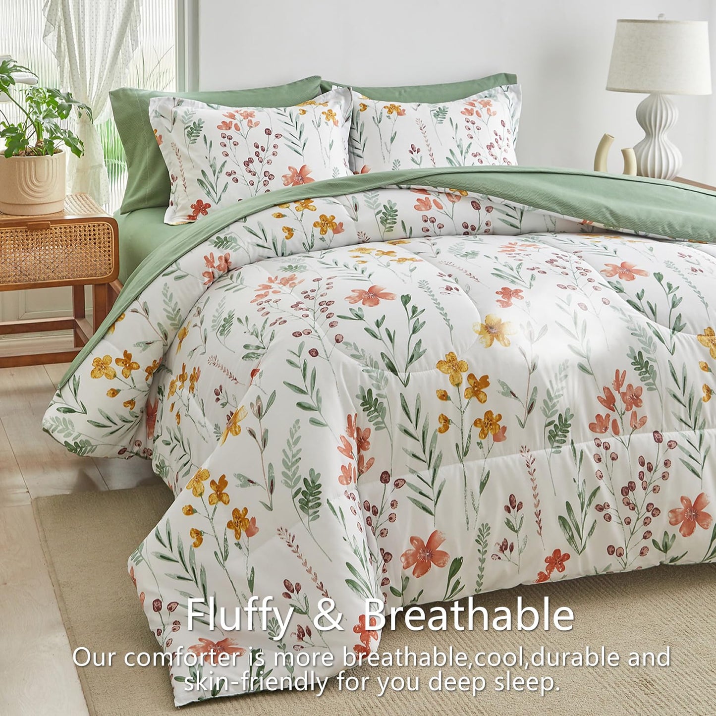 AIKASY Bed in a Bag 7 Pieces King Size - Floral Print - Soft Microfiber, Reversible Bed Comforter Set (1 Comforter, 2 Pillow Shams, 1 Flat Sheet, 1 Fitted Sheet, 2 Pillowcases)（White, King）
