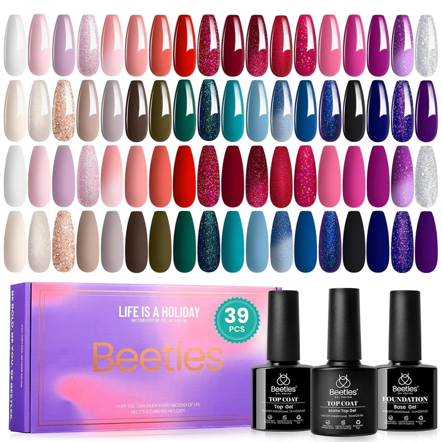 Beetles Halloween Gel Nail Polish - 39 Pcs Jelly Nail Set Glitter Changing Nail Polish Kit Treasure Box Collection with 3Pcs Base Matte and Glossy Top Soak Off Nails
