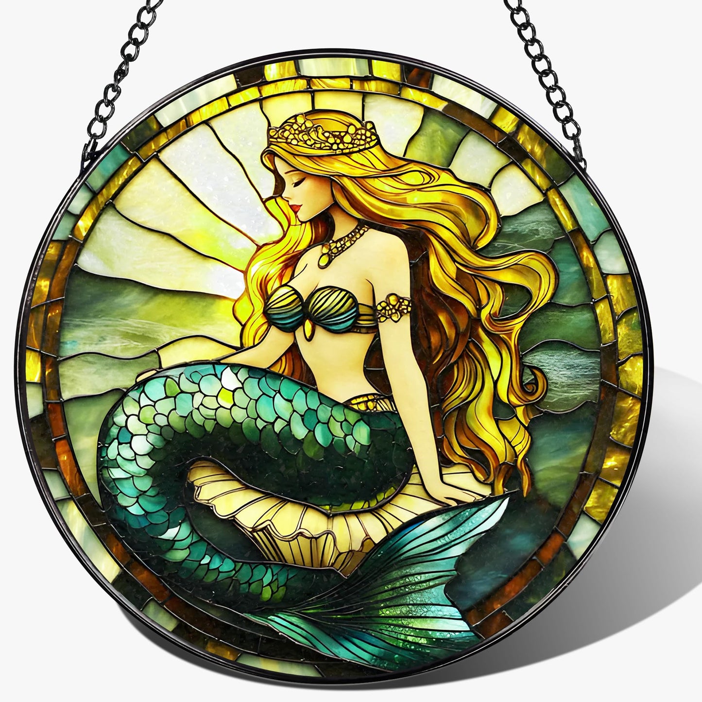 Stained Glass Window Hanging, 8 Inch Mermaid Suncatcher Stained Glass Ornament, Suncatchers for Windows Hanging, Sun Catchers Indoor Window, Mermaid Gifts, Gifts for Friends, Housewarming Gift