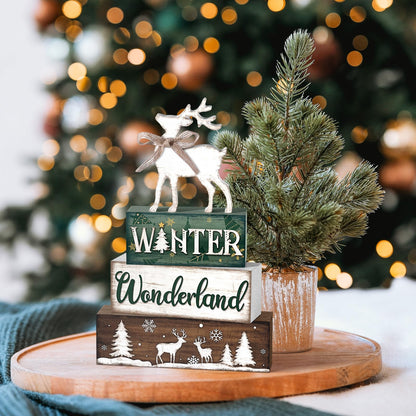 Yousoontic 4 Pcs Winter Decor Woodland Christmas Wooden Sign Blocks Table Centerpiece with Reindeer Snowflakes Trees Rustic Holiday Decorations for Farmhouse Winter Home Indoor