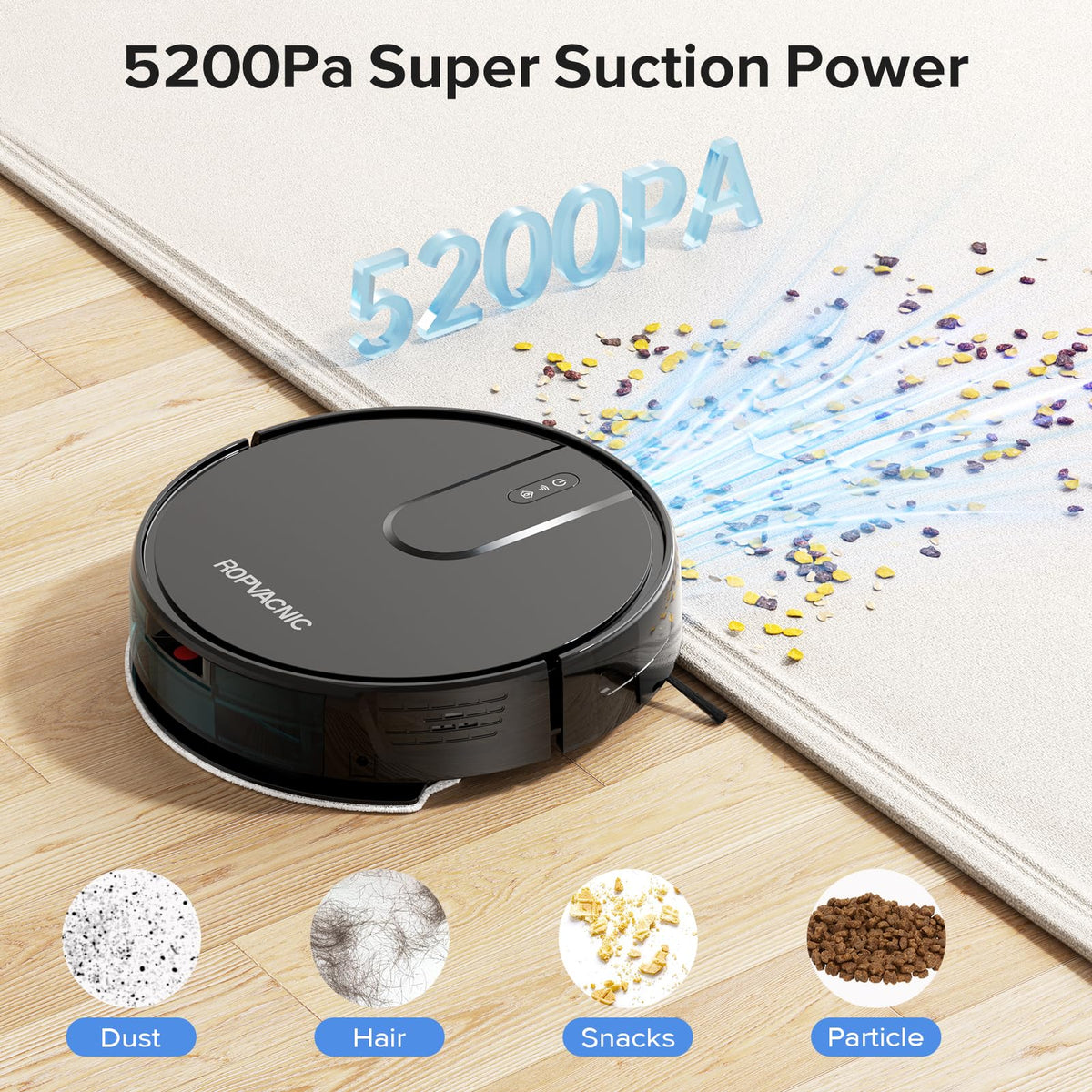 ROPVACNIC Robot Vacuum Cleaner Robot Vacuum and Mop Combo with 5200Pa Suction, Personalized Cleaning Adjustments, Self-Charging Robotic Vacuum Cleaner, Advanced Obstacle Avoidance