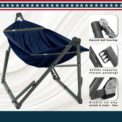 Tranquillo Uniki Hammock with Stand, 550 lbs Capacity – 30-Second Setup, Sturdy Steel Stand, 3-Year Warranty, Tool-Free Assembly, Premium Carry Bag Included, Outdoor & Indoor Hammock, Navy