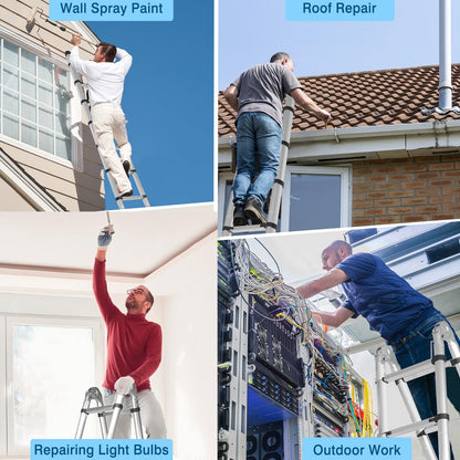 Wolec 16.5 FT A Frame Telescoping Ladder, Adjustable Multi-Purpose Collapsible Extension w/Balance Bar & Wheels, Heavy Duty 330 lbs Max Capacity, Ideal for Home and Outdoor Work, Silver