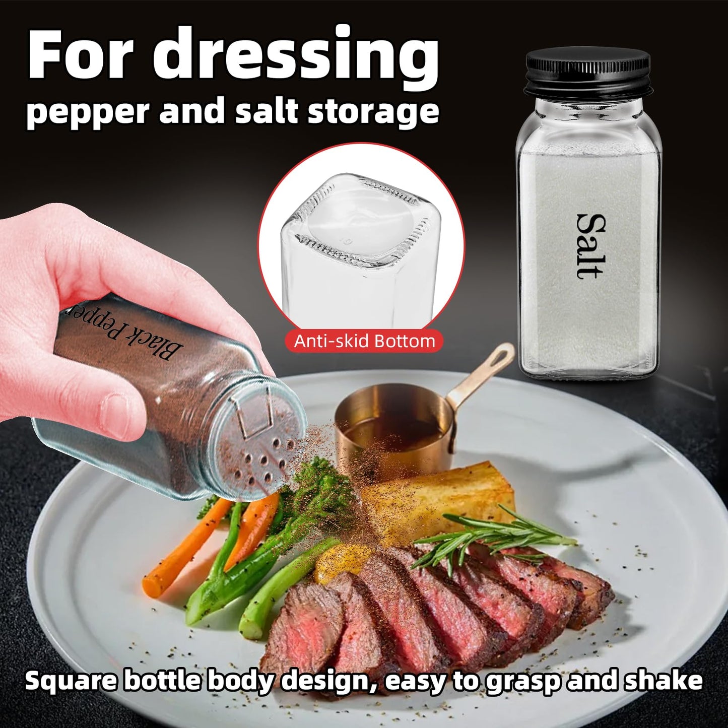 6Pcs 6 oz Square Glass Spice Jars with Label, Empty Spice Containers with Black iron Lids, Square Seasoning Containers and Supplement Set, Small Seasoning Bottles for Salt, Herbs, Sugar, Pepper (6)