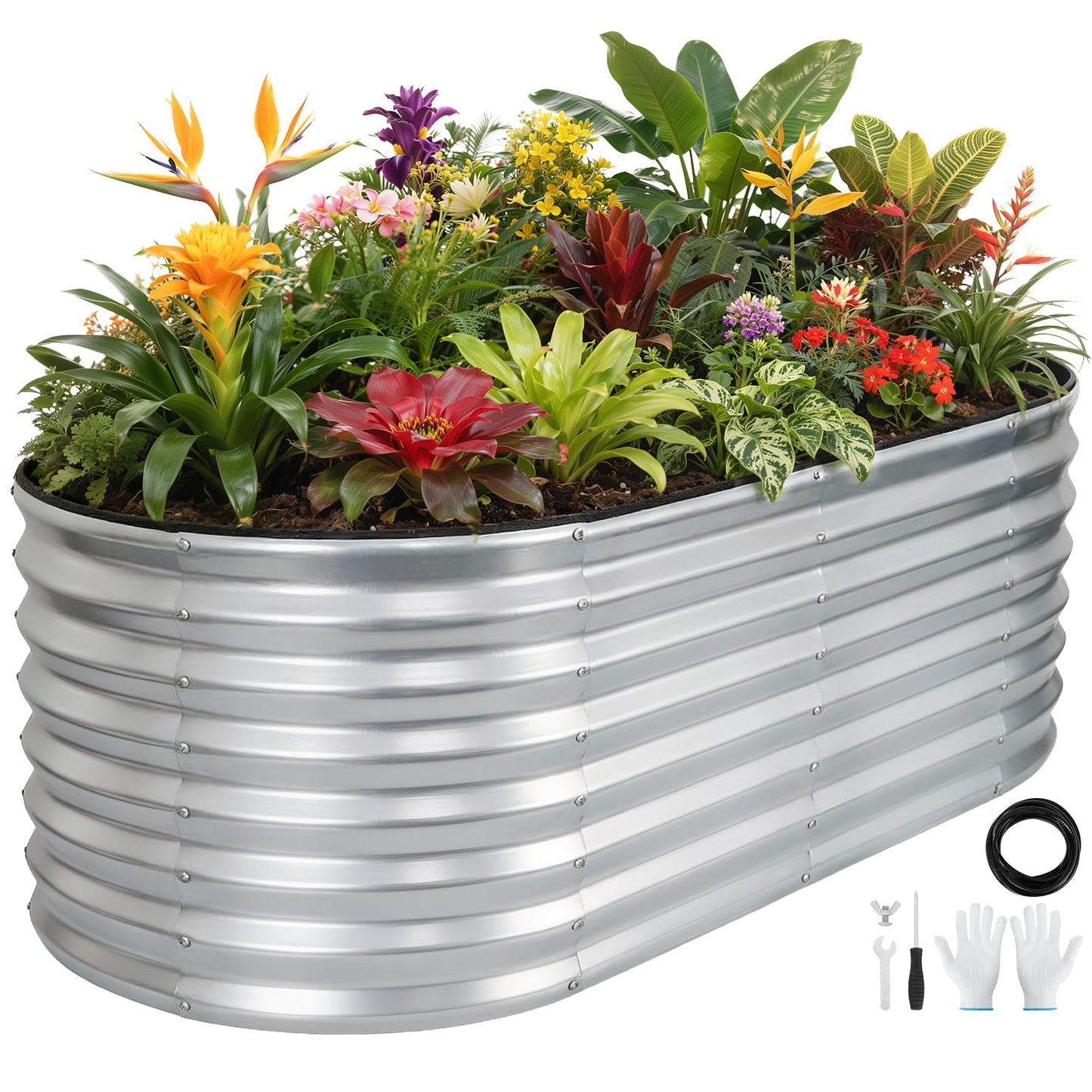 VIREO GARDEN Galvanized Raised Garden Bed Outdoor 24'' Deep | Oval Metal Garden Beds with Easy Assembly & Planter Box for Planting Deep Root Vegetables Fruits Flowers, 4x2x2ft Silver