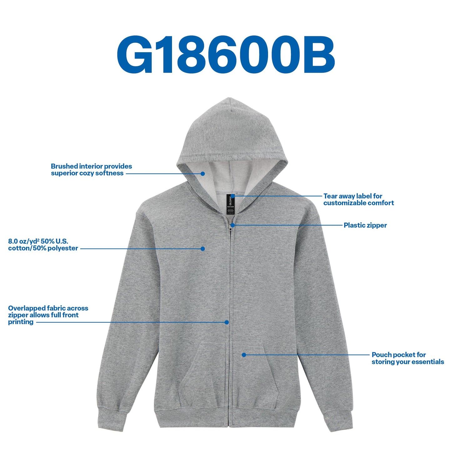 Gildan Youth Full Zip Hoodie Sweatshirt, Style G18600B, Black, X-Large