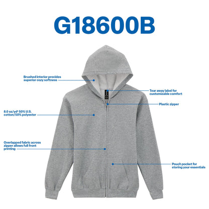 Gildan Youth Full Zip Hoodie Sweatshirt, Style G18600B, Black, X-Large