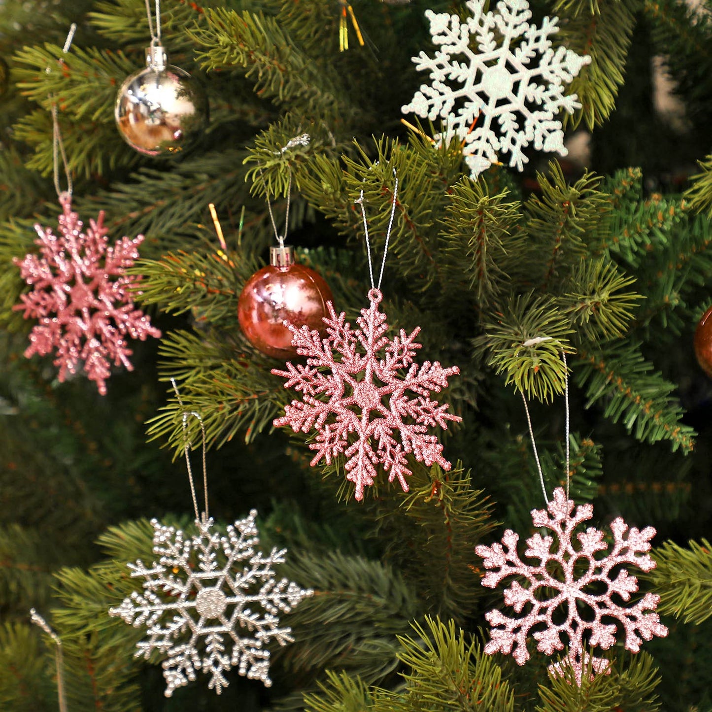 Syhood 48 Pieces Christmas Glitter Snowflake Ornaments 4 Inch Plastic Snowflake Ornaments Hanging Crafts for Christmas Tree Embellishing Party Decorations(Pink, Silver, White