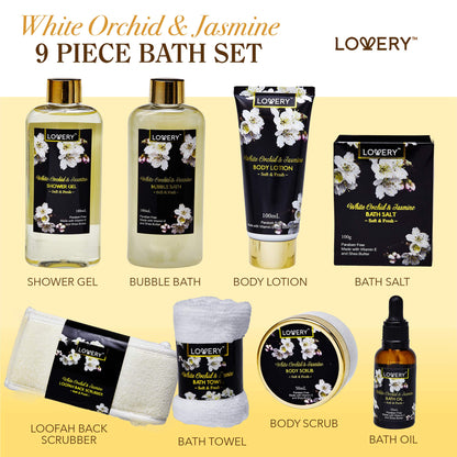 Christmas Gift Baskets for women Mom Christmas Gifts, Bath and Body Spa Set– Orchid & Jasmine Home Spa Set With Body Scrubs, Lotions, Oils, Gels and More - Care Package for Women & Men - 9 Piece Set