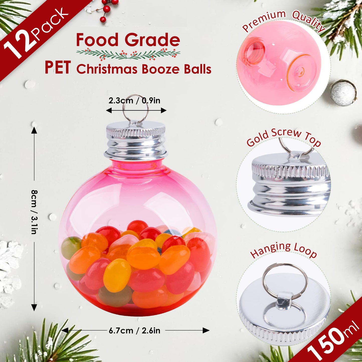Mealivos Christmas Ornament Balls for Drink -5oz Fillable Ornaments Plastic Bulb Booze Balls for Christmas Tree Hanging Decor Christmas Gifts White Elephant Gifts Stocking Stuffers 6 Pack