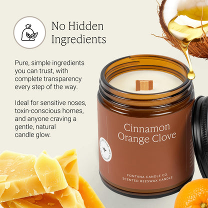 Fontana Candle Co Wood Wick Beeswax Jar Candle, Cinnamon Orange Clove – Made Safe with Coconut Oil & Pure Essential Oils – 35+ Hrs Clean Burn, Long Lasting and Non-Toxic Candles for Home & Room Decor