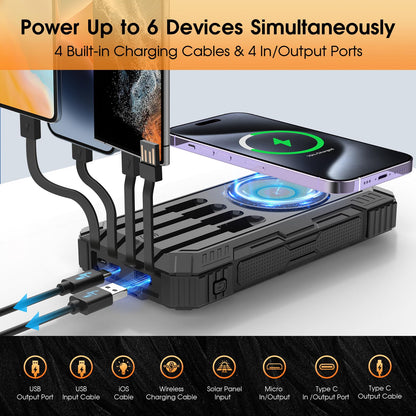 Power Bank Solar Charger,49800mAh Wireless Portable Charger with 4 Built-in Cables,22.5W Fast Charging Battery Pack USB-C in/Output PD+QC3.0 Portable Power Bank for All Cell Phones