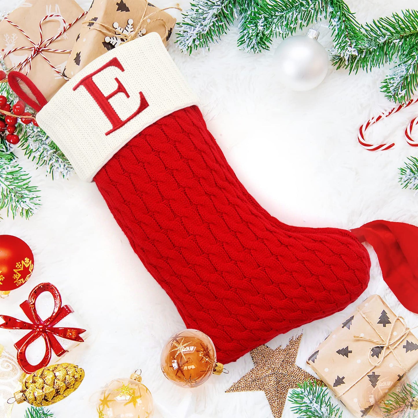 ZOEA 20 Inches Christmas Stockings with Initials, Large Embroidered Letter Knit Christmas Stocking for Family Holiday Decorations and Xmas Gift (E, Red)