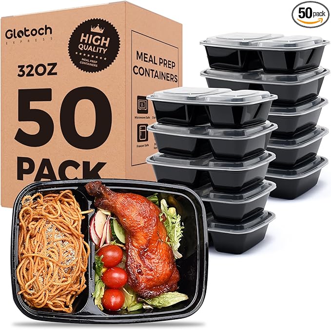 50 Pack 32 oz Sturdy Leakproof 2-Compartment Meal Prep Containers