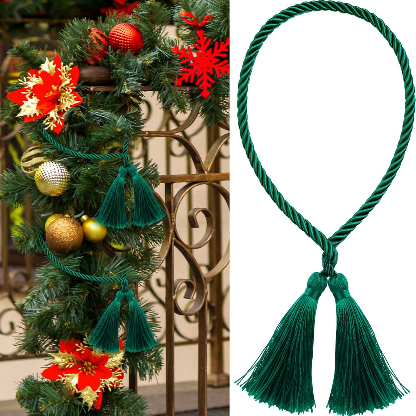 Zhengmy 15 Pcs 24 Inch Christmas Garland Ties with Tassels Decorative Twist Tie for Banister Reusable Flexible Twist Tie for Garland Fireplace Staircase Banister Home Xmas Holiday Decorations (Green)