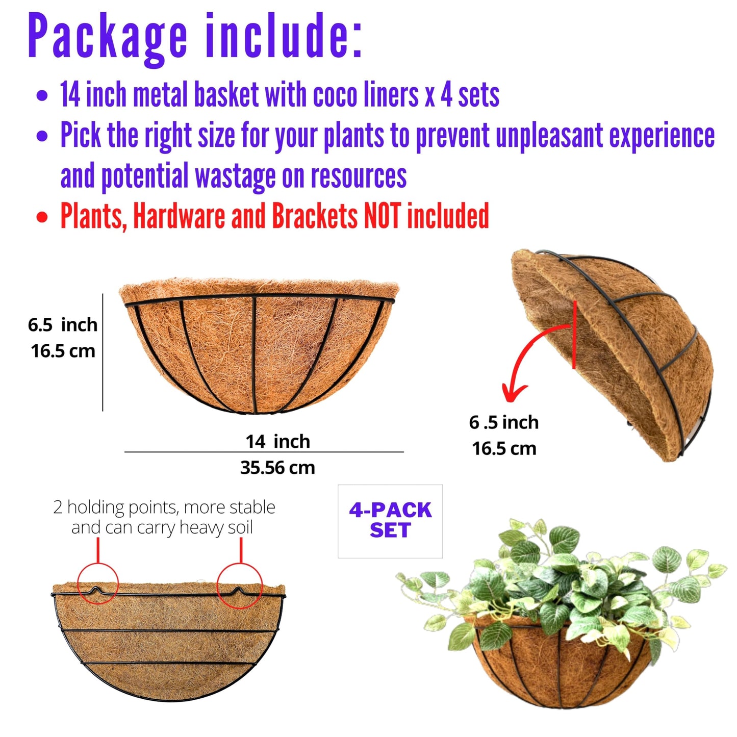 LaLaGreen Wall Planter Outdoor, 4 Pack, 14 Inch Large Wall Hanging Flower Basket with Coco Liner, Vertical Living Wall Mounted Wire Pot Outside Fence Railing Plant Pots Holder Deck Porch Balcony Patio