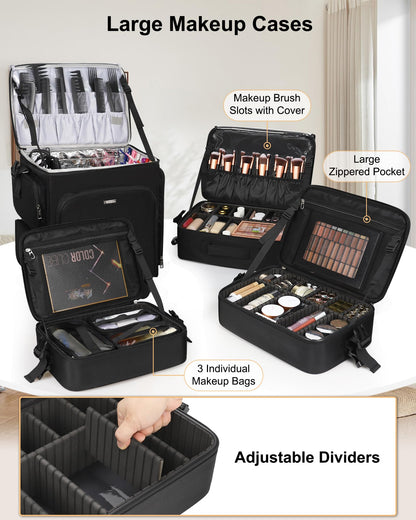 Relavel Rolling Makeup Case, 4 in 1 Hairstylist Traveling Bag Cosmetology Case on Wheels Large Hair Tools Cosmetics Train Case Makeup Artist Storage Organizer Trolley Suitcase with 360° Swivel Wheels