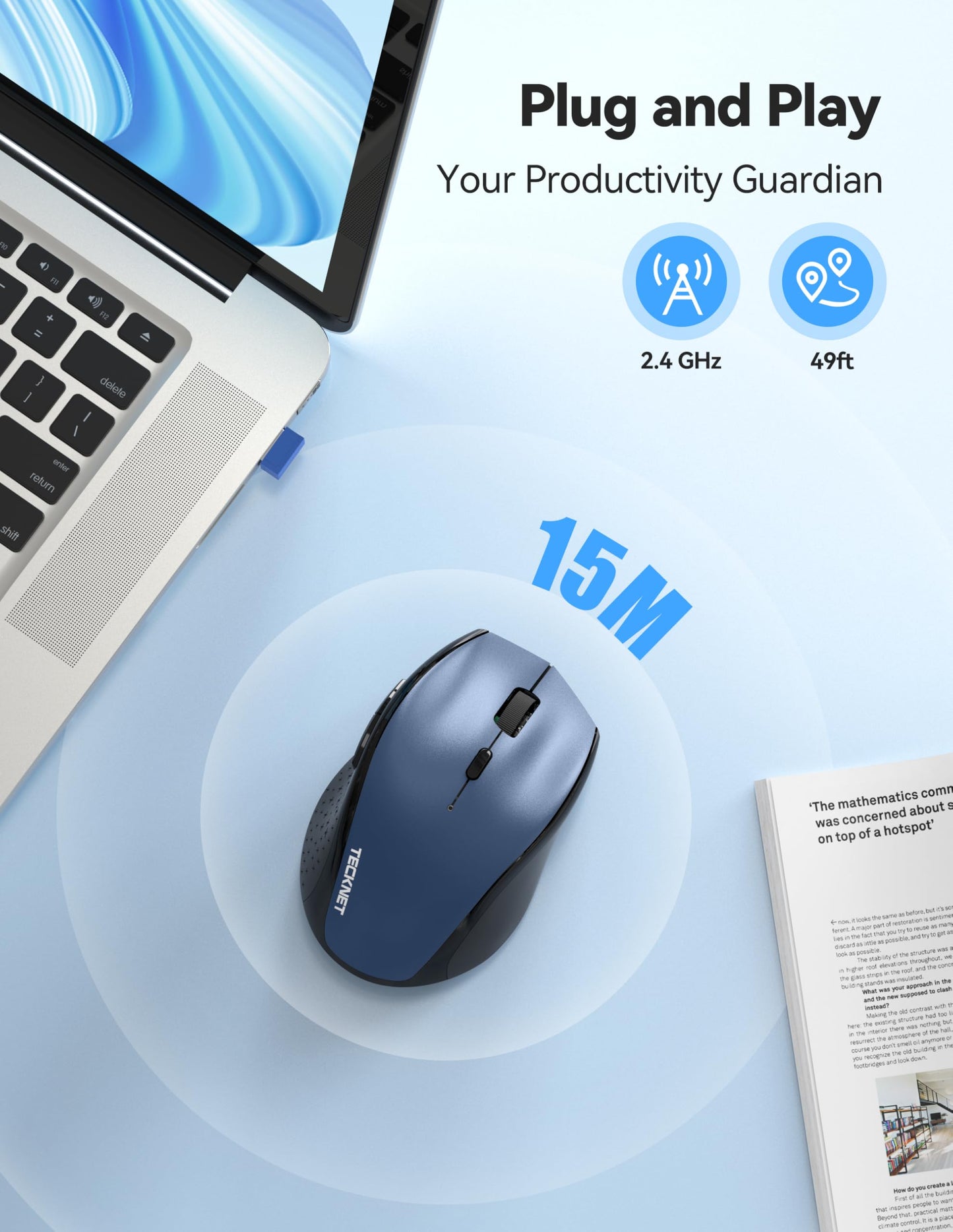 TECKNET Wireless Mouse Rechargeable,Mouse for Laptop Computer,2.4G USB Computer Mice Wireless,6 Button 6400 DPI Ergonomic Silent Mice,Portable Cordless Travel Mice-Wide Compatibility