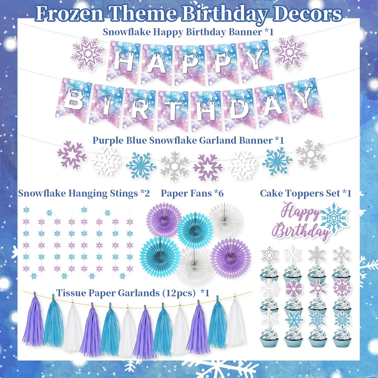 LakPty Frozen Party Decorations, Blue Purple White Snowflake Theme Birthday Decor Kit with Banner, Garlands, Cake Topper, Paper Fans, Tassels Decors for Boys Girls Winter Holiday Party Supplies