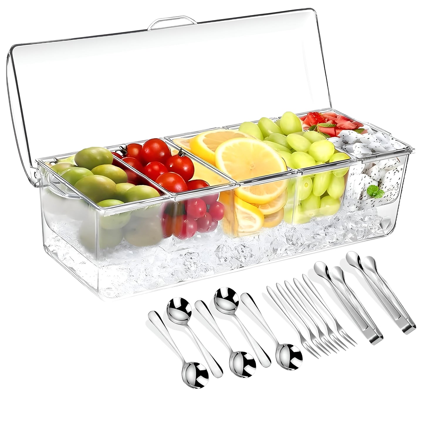 BLIVORRA 𝐋𝐚𝐫𝐠𝐞 Ice Chilled Condiment Server Caddy with 5 Removable Compartments (2.5 Cup), Clear Garnish Tray with Lids – Fruit, Salad, Taco, Bar Platter – Free Stainless Steel Accesories