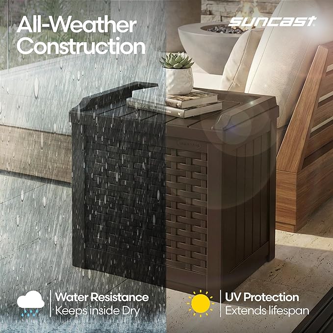 Suncast Outdoor Deck Box - 22 Gallon Java Resin Outdoor Storage Box, Weatherproof Patio Storage Bin Container for Seating & Organizing Cushions, Tools & Towels for Pool, Yard, & Garden