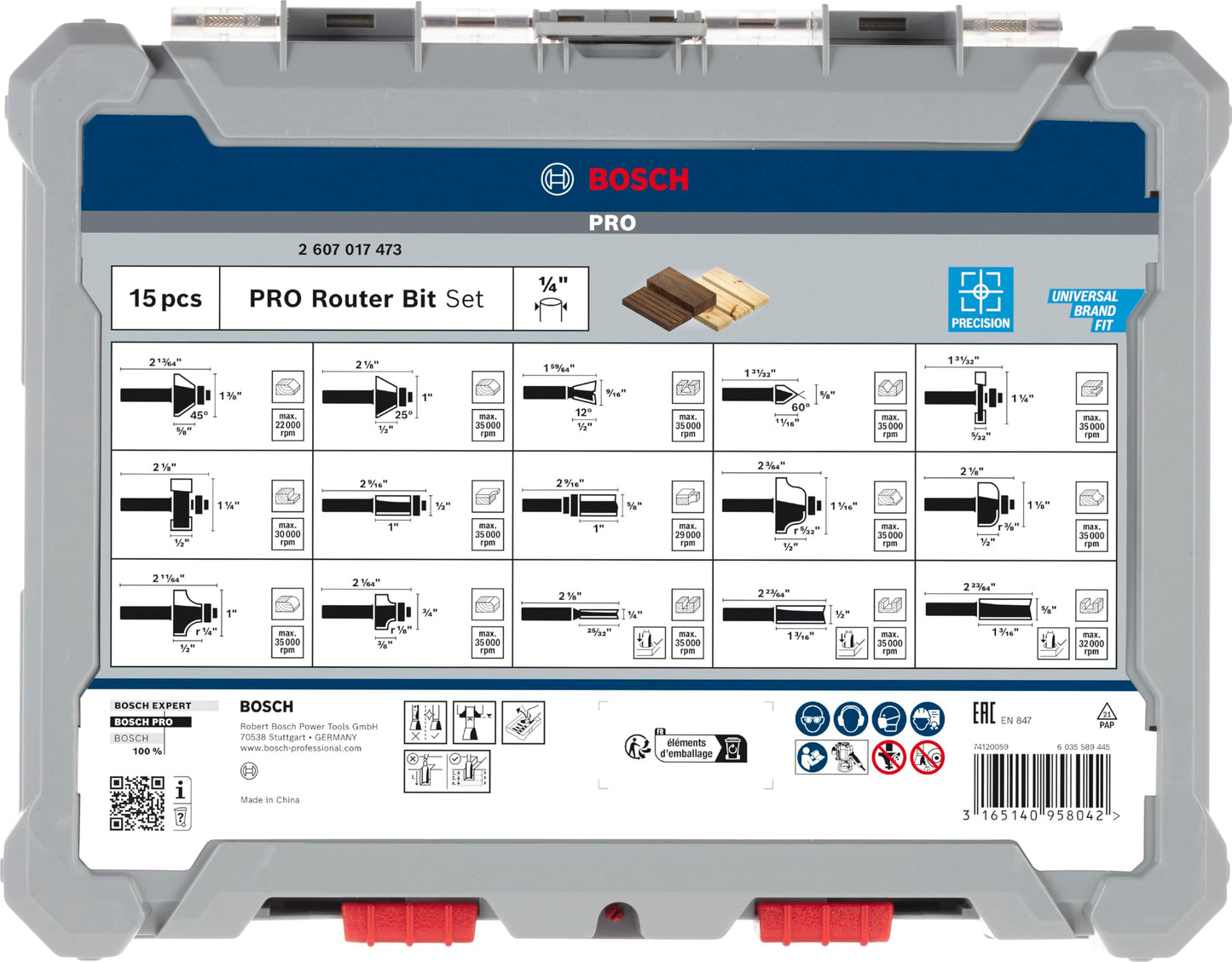 Bosch Professional 15 pcs. Mixed Router Bit Set (for Wood, Ø 1/4 Inch Shank, Accessory Router)